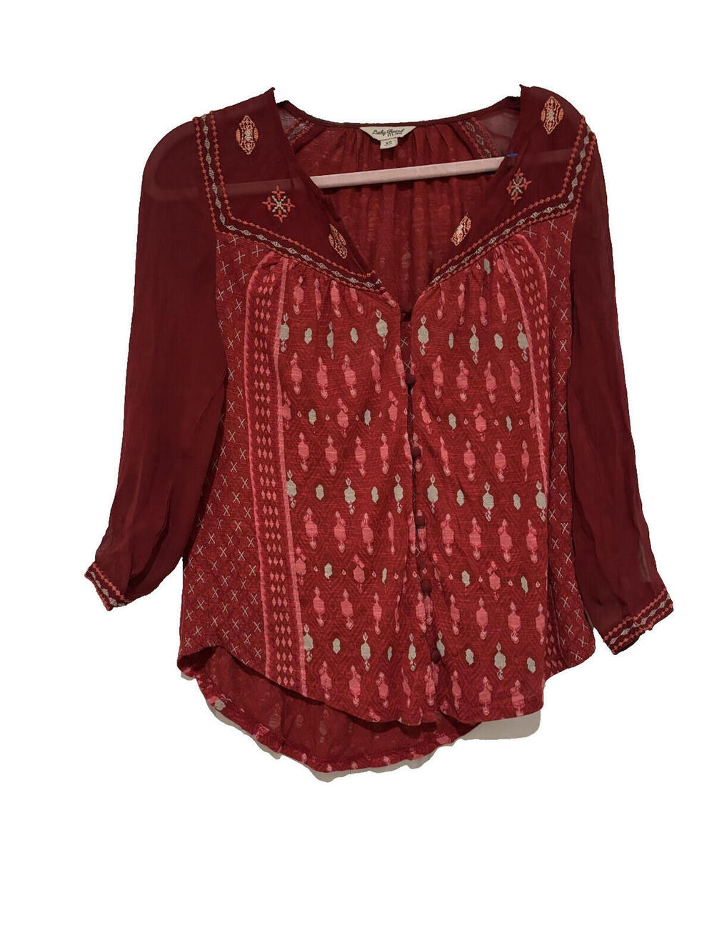 Lucky Brand oversized XS maroon boho sheer embroidered blouse G